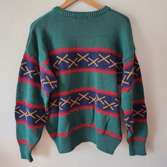 NOS VTG Claiborne Grandpa Sweater Large Crewneck Geometric Geen L Cotton 80s 90s - Picture 2 of 8